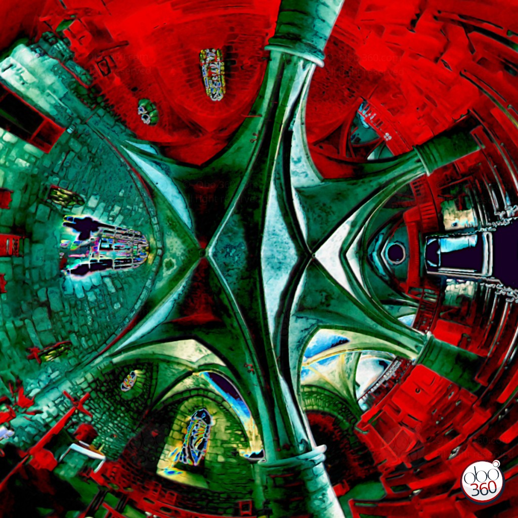 TreignRed Composition artistique à partir d'une prise de vue à 360°.Photo réalisée dans une église de Corrèze en France.
