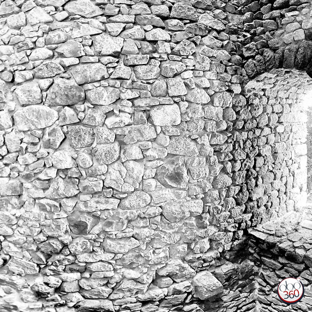 Photo 360° immersive, en noir et blanc, prise dans les ruines d'un château fort du XIIème siècle, en Creuse.Plongez dans la photo !