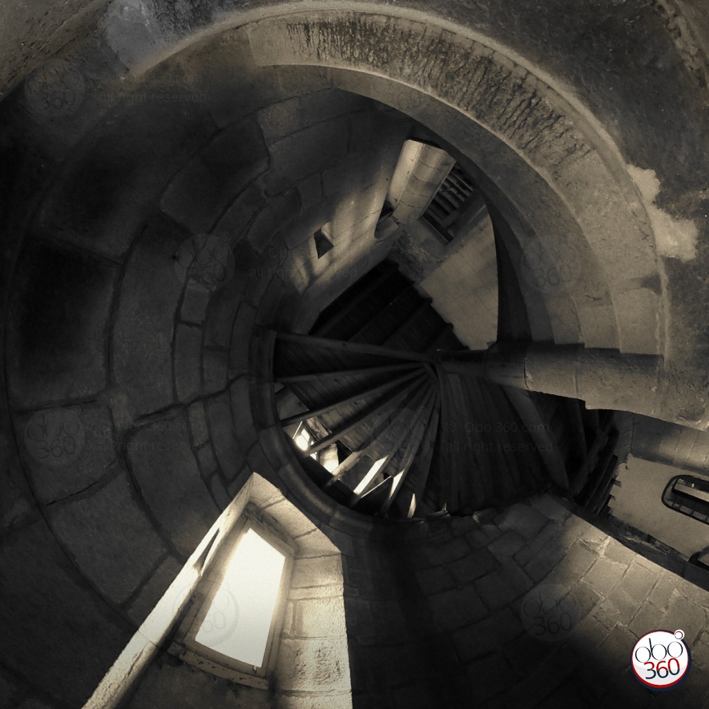 SpiralStair Composition artistique en noir et blanc, réalisée depuis une prise de vue à 360°.Photo capturée dans l'escalier en spirale d'un château abandonné, quelque part en Bretagne
